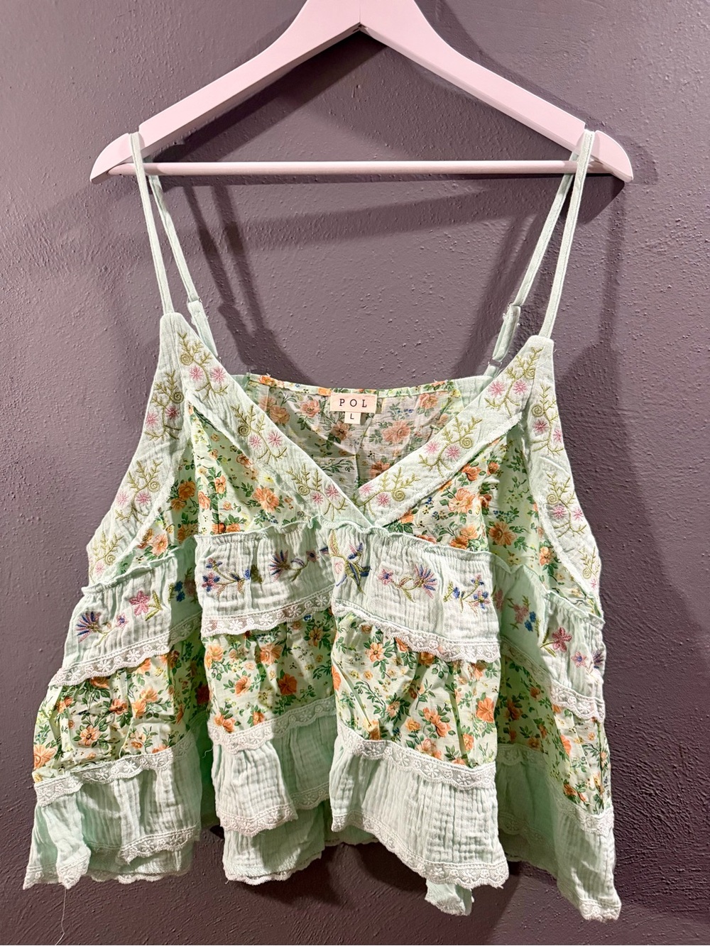 NWOT. POL Mint Green Floral Tiered Cotton Cami